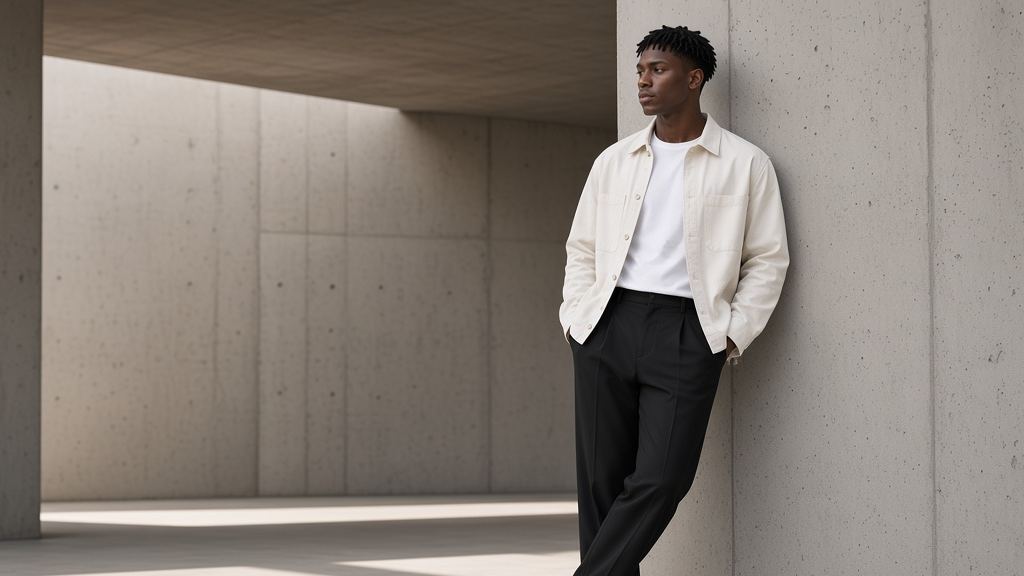 Underpass Ecru: an ecru overshirt over a white tee with black wide-leg trousers
