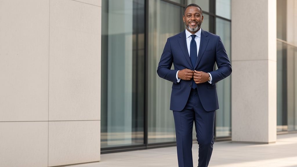 The Boardroom Walk: a deep navy two-piece suit with a light blue shirt