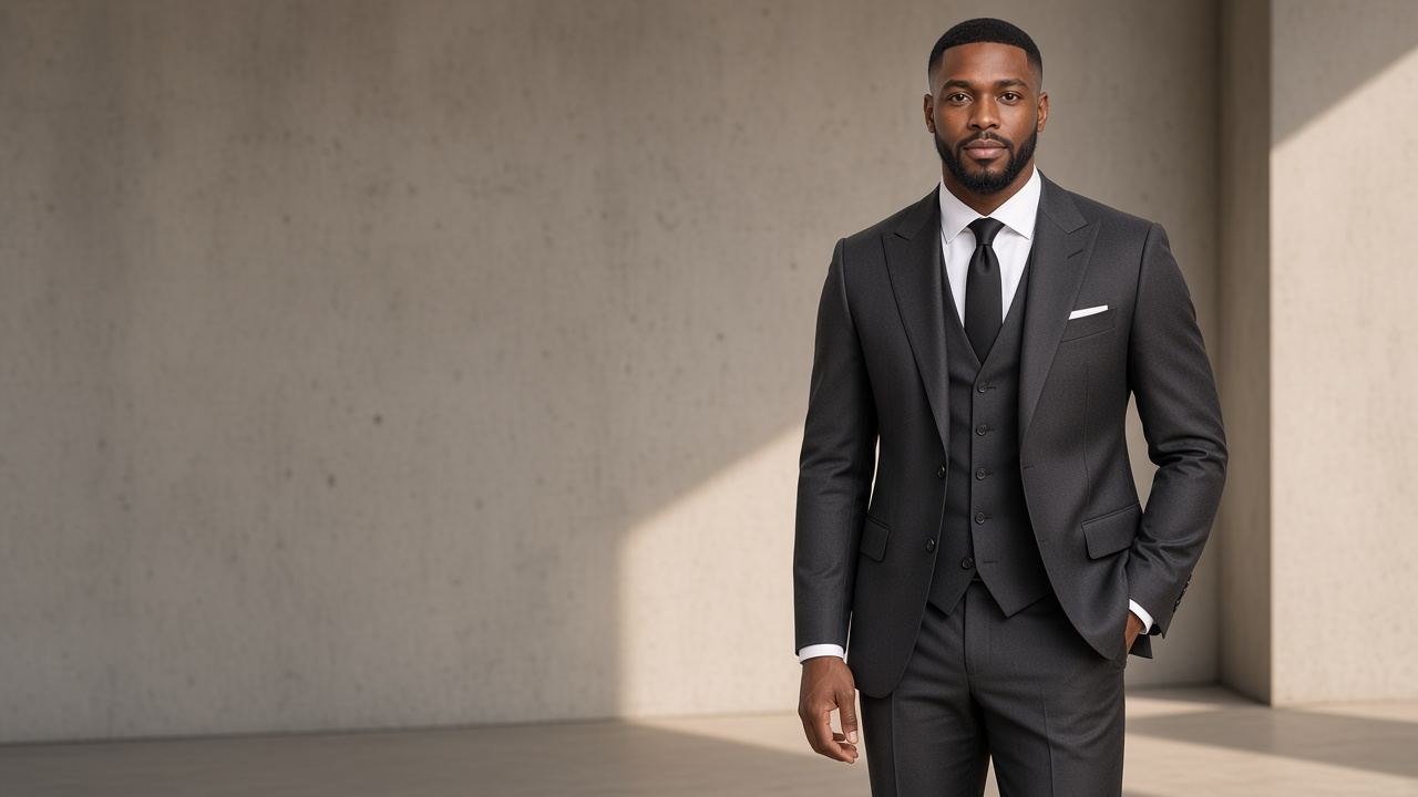 The Signature: a charcoal three-piece suit with a white pocket square