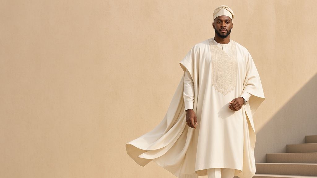 Ivory Crown Agbada: a flowing ivory agbada with tonal embroidery and a matching fila